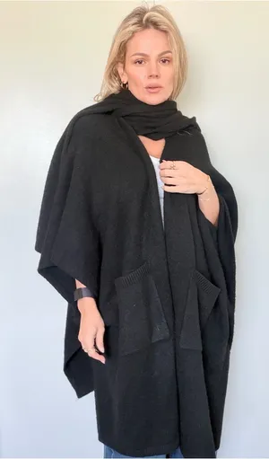 Free People Black Open-Front Knit Poncho with Pockets and Scarf ONE SIZE thumbnail 1