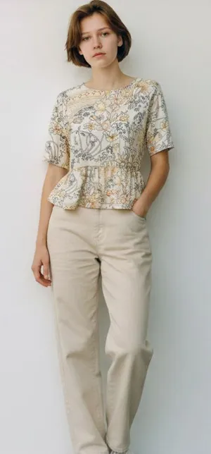 Aritzia yellow peplum short sleeve floral blouse thumbnail 1