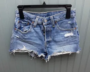 Levis 501 Original High Rise Distressed Denim Cut Off Shorts Medium Wash W26 thumbnail 1