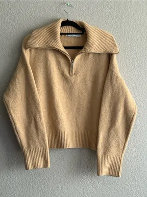 Bershka Beige Quarter Zip Oversized Collar Knit Sweater Pullover Fall Medium thumbnail 1