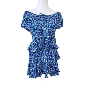 Zara Tiered Blue Floral Off the Shoulder Jumpsuit Romper MEDIUM Preppy‎ Ruffles thumbnail 3