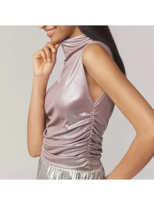 Maeve Mock Neck Sleeveless Ruched Shine Tank Top Anthropologie NWT XL Mauve thumbnail 4