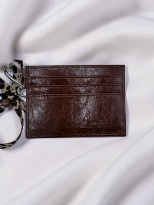 Cute Espresso Brown Card Holder Wallet w/ Keychain Leopard Plush Star Charm thumbnail 2