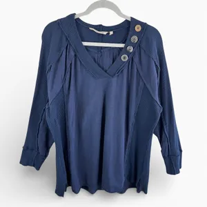 Soft Surroundings Navy Blue Cotton Mixed Ribbed Knit Button Detail V-Neck Top 2X thumbnail 1