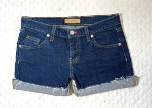 Tommy Hilfiger Tommy Jeans Shorts size 0 Low Rise Denim Blue Jean Flap Pocket Cuffed Womens thumbnail 1