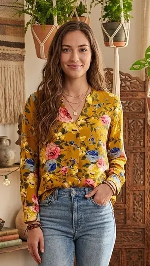 Old Navy Mustard Floral V-Neck Blouse – NWT (Size XL) BOHO thumbnail 1