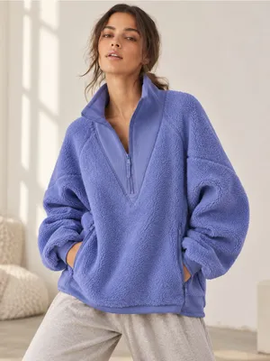Free People Ready Set Ribbed Sherpa Pullover XL Blueberry Blue Quarter Zip thumbnail 1