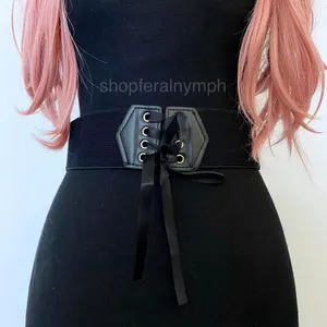Black Y2K Lace Up Corset Stretch Wide Waist Belt, Fits Up to 27 Inches, X7GA1312 thumbnail 1