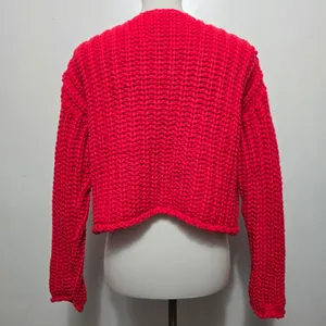 Chunky Knit Red Cropped Cardigan Gold Button Pockets Women Size M thumbnail 5