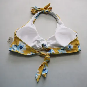 Yellow Floral Padded Halter Tie‎ Knot Boho Swim Sports Bra Bikini Top L Large thumbnail 2