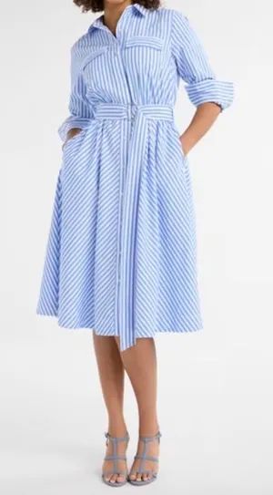Free Assembly Blue White Striped Cotton Midi Shirt Dress D-Ring Belt L 12-14 thumbnail 1