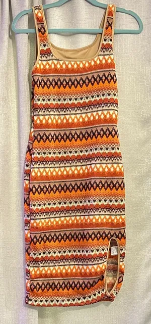 Orange Patterned Sleeveless Dress Size M thumbnail 1