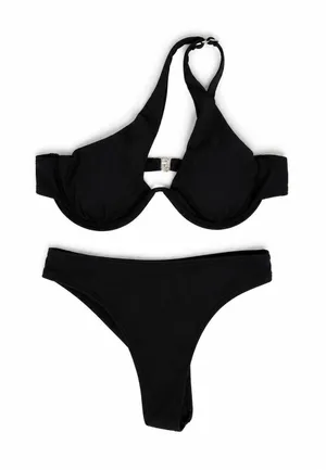 SheIn Black Ribbed Two-Piece Bikini Set Asymmetrical One-Shoulder Swimwear Size XS thumbnail 1