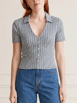 Madewell Mineral Blue Gingham Cropped Button Front Top Medium Stretch Plaid Y2K thumbnail 1