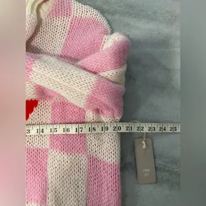 NWT Luna Ivy Size S Pink Cream Check Heart Chunky Knit Long Sleeve Crew Sweater thumbnail 7