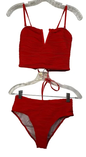 ZAFUL Red Ribbed Textured V-Wired Lace Up Bikini Set High‎ Waisted Medium thumbnail 1