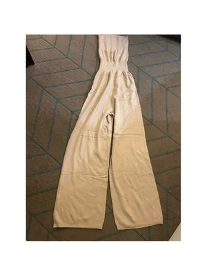 NEW Super soft Tan Strapless Knit Wide Leg Tube Top Jumpsuit L thumbnail 3