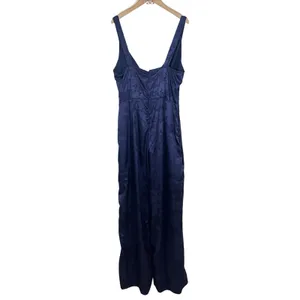 NWT Lulus Sleek Sensation Navy Blue Jacquard Floral Satin Jumpsuit Size Medium thumbnail 3