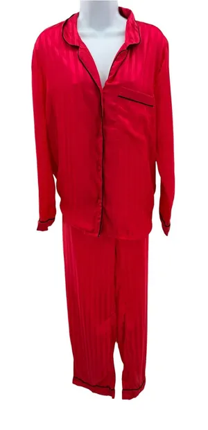 House of Harlow 1960 Red Satin Shadow Stripe Pajama Set Large Button Down Pants thumbnail 1