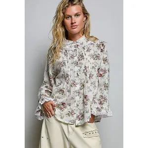POL Floral Lace Trim Pintuck Button-Down Shirt - Ivory - Large thumbnail 4