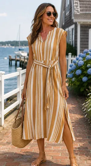 Ann Taylor Camel & White Striped Linen Blend Maxi Dress | Size Large | Belted thumbnail 1