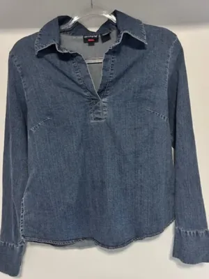 Vintage Y2K Old College Inn Stretch Denim Pullover Shirt Women Split V Neck L thumbnail 1
