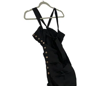 FREE PEOPLE Who Is She Ruched Cotton Button Down Black Dress thumbnail 8