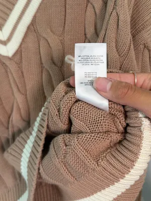 TNA Taupe Cable Knit V-Neck Sweater with Cream Trim Cropped thumbnail 4