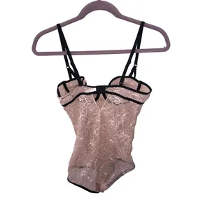 Coquette Pink Lace Bodysuit Contrast Black Piping Teddy Corset Top Y2K Dollette thumbnail 5