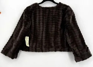 Tacera Faux Fur Jacket Women XL Brown Cropped Rhinestone Button Lined Glam thumbnail 2