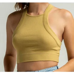 INTIMATELY FREE PEOPLE Catch Up Green/ Yellow Ribbed Crop‎ Top Women’s Size L thumbnail 1