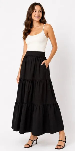 Pearl Pagoda Tiered Black Preppy‎ Maxi Skirt thumbnail 1