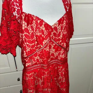 Boo-hoo plus premium lace tiered skater dress in red thumbnail 2