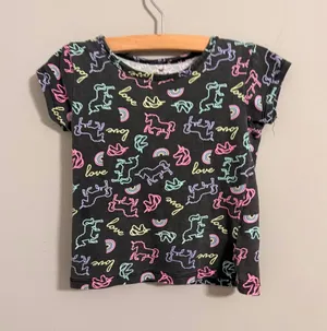 One Step Up T-Shirt Girls M 5/6 Black Neon Unicorn Rainbow Love Print Tee thumbnail 1
