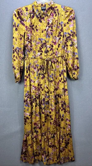 Tiered Satin Maxi Dress S Yellow Floral Puff Sleeve Cottagecore Romantic Whimsy thumbnail 1