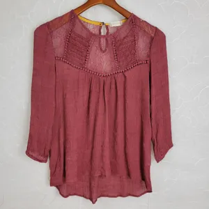 Altar'd State Women's Blouse L Red Embroidered Long Sleeve Crew Neck Pullover thumbnail 2