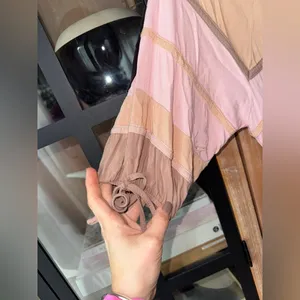 Storia Neopolitan stripes midi dress peach beige short sleeve bows elastic waist thumbnail 8