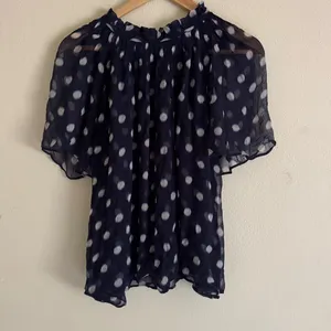 J. Crew Sheer Flowy Smocked Top Ombré Polka Dot Crinkle Chiffon Navy Large Cupro thumbnail 2