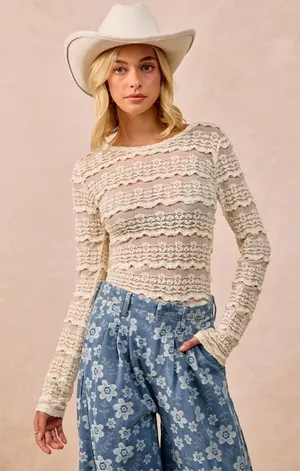 BiBi Ruffles Detail Flower Lace Top - Cream - Small thumbnail 1