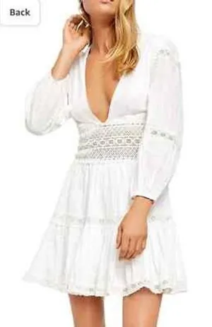 Free People Ponderosa Mini Dress Womens 4 Ivory Boho‎ Lace V-Neck OB1084337 thumbnail 1