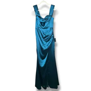 NEW Lulus Stunning Arrival Dark Teal Satin Off-the-Shoulder Maxi Gown Dress thumbnail 5