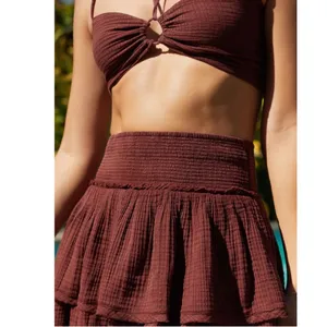 Anthropologie Cotton Gauze Smocked Mini Skirt and Top Set Brick Red Brown thumbnail 2