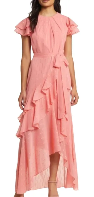 Eliza J Metallic Ruffle Fill Coupe High Low Maxi Gown Pink Rose Size 12 Romantic thumbnail 1