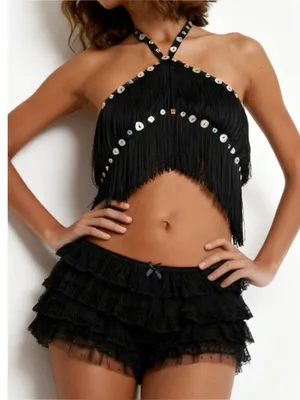 JADED LONDON Asha Fringed Button Crossover Top, Black, XS thumbnail 1