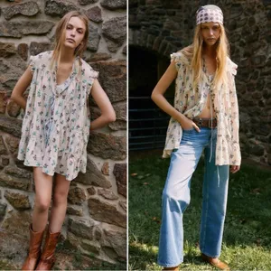 Free People Bohemian Prairie Sundown Mini Dress Tunic Top Ivory Combo Size L thumbnail 2
