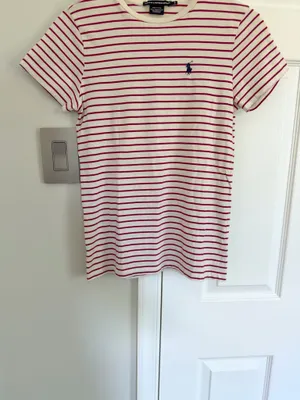 Ralph Lauren Sport Women’s Top 100% Pima Cotton Striped Pony Ecru Magenta Small thumbnail 3