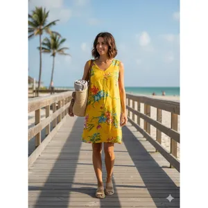 Indian Tropical Fashion Yellow Floral Beaded Sequin Rayon Sundress V-Neck M thumbnail 16