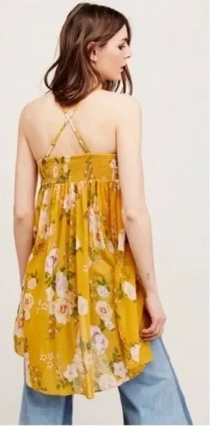 FREE PEOPLE Mirage Convertible Tunic Tank Top Dress Hi Low Yellow Floral Boho thumbnail 1