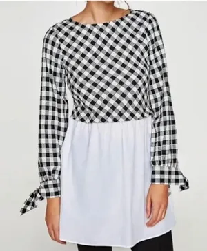 Zara Gingham Poplin Tunic‎ with Side Slit Black White Size Large thumbnail 1