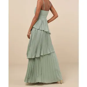 NEW Lulus Jehona Sage Green Brush Pleated Tiered Maxi Dress Chiffon Gown Large thumbnail 2